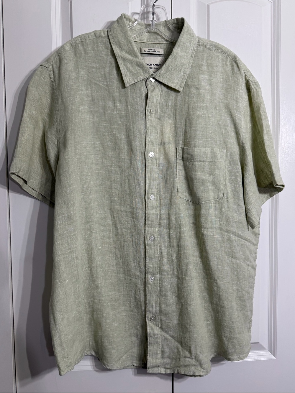 Thom Aaron Men's 100% Linen Short-Sleeve Button-Down Sage Shirt XL